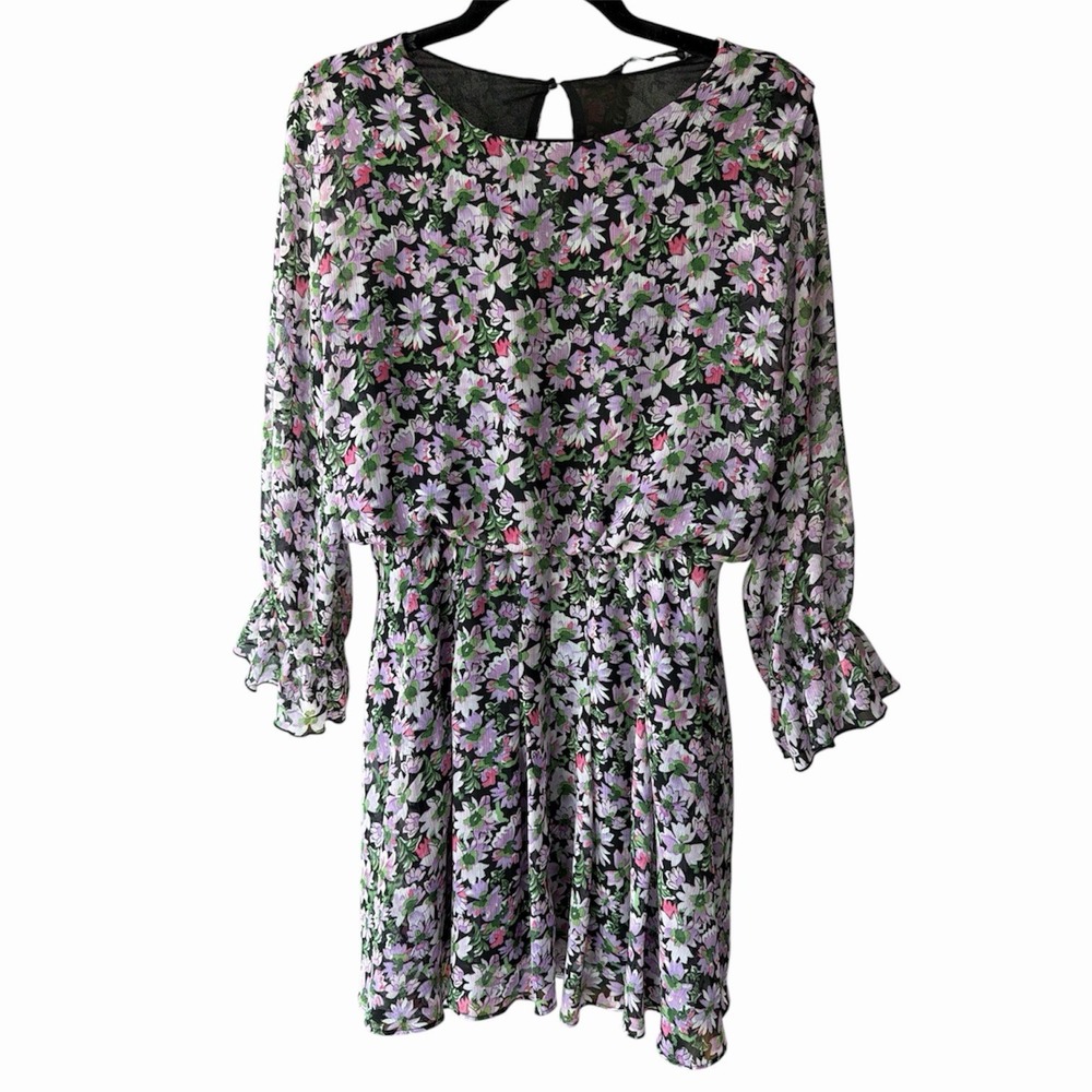 ZARA Womens Floral Chiffon A-Line Short Dress Smocked Sheer Keyhole Sz MEDIUM - Picture 4 of 7